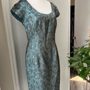 Carmen Marc Valvo Collection Aqua & Bronze Brocade Texture Cocktail Midi Dress